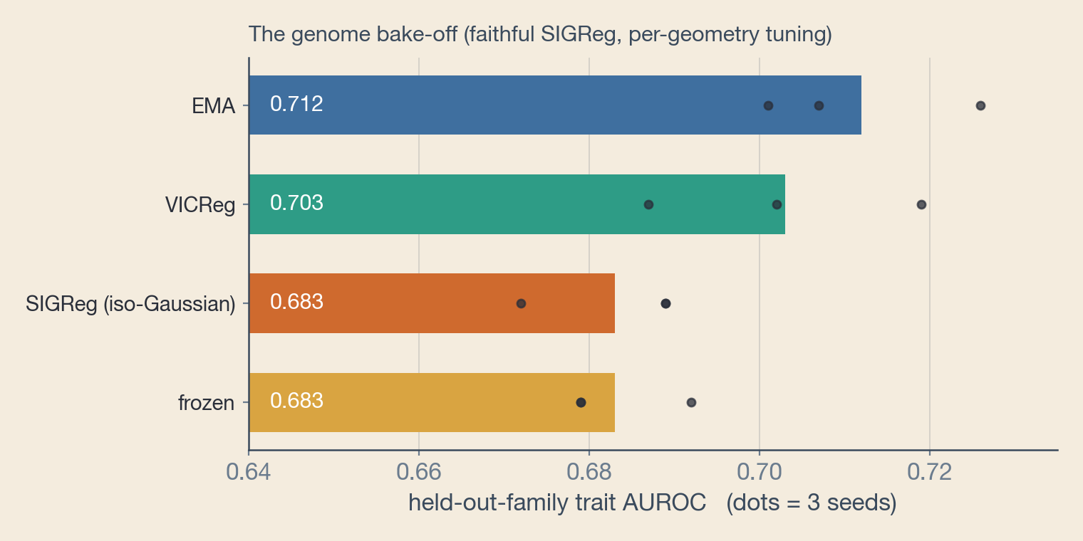 Horizontal bar chart of held-out-family trait AUROC by geometry. EMA (0.712) and VICReg (0.703) lead, SIGReg (0.683) and frozen (0.683) trail; three seed dots overlay each bar.