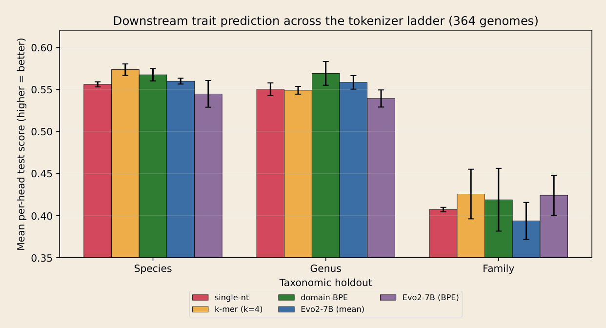 Downstream trait prediction across tokenizer ladder on 364 genomes.